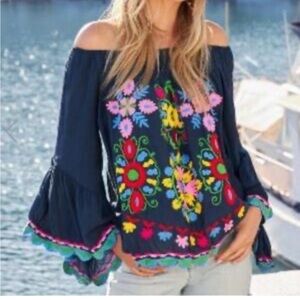 Ruby Yaya Blue Floral Embroidered Off-Shoulder Top
